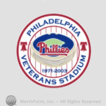 Philadelphia Phillies sport logo: Veterans Stadium Philadelphia written in circle; a stadium inside.