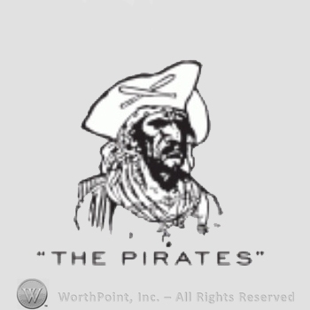 Pittsburgh Pirates sport logo: a pirate with crossed baseball bats on the hat; The Pirates written below.
