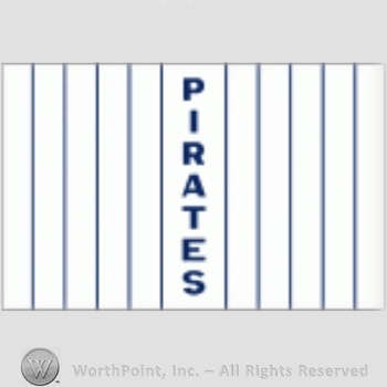 Pittsburgh Pirates sport logo: PIRATES script on a white with navy blue background.