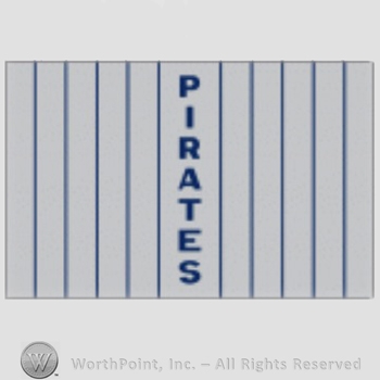 Pittsburgh Pirates sport logo: PIRATES script on a grey with navy blue background.