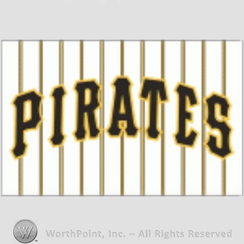 Pittsburgh Pirates sport logo: PIRATES script on a white with gold stripes background.