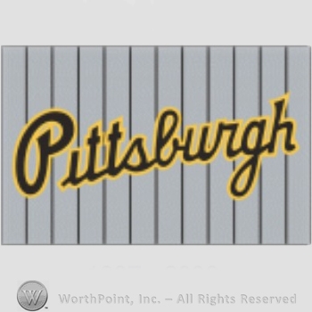Pittsburgh Pirates sport logo: PITTSBURGH script on a grey with black stripes background.