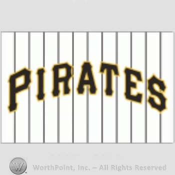 Pittsburgh Pirates sport logo: PIRATES script on a white with black stripes background.