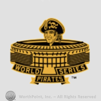 Pittsburgh Pirates sport logo: a pirate above a stadium and script WORLD SERIES PIRATES.
