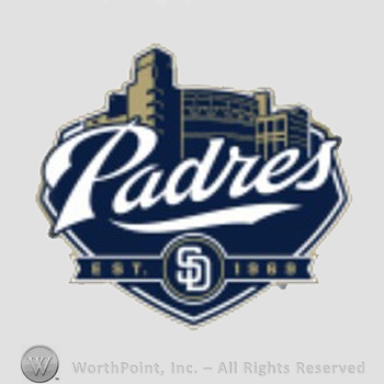 San Diego Padres sport logo: Padres script above interlocked SD EST. 1969, all below a stadium shape.