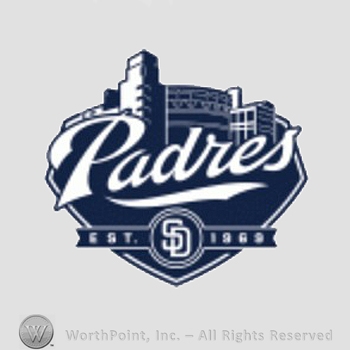 San Diego Padres sport logo: Padres script above interlocked SD EST. 1969, all below a stadium shape.