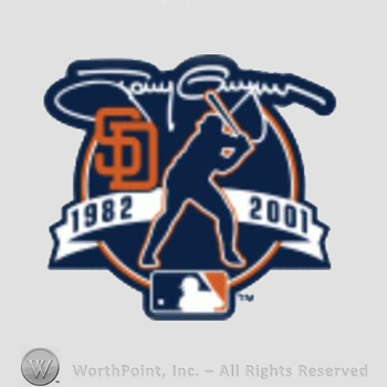 San Diego Padres sport logo: Tony Gwynn written above SD and a baseball player; 1982 - 2001.