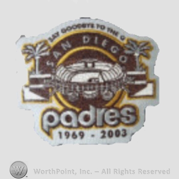 San Diego Padres sport logo: San Diego written above a stadium; Padres 1969 - 2003.