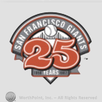 San Francisco Giants sport logo: San Francisco Giants above a baseball and 25 years 1958 - 1982.