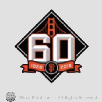San Francisco Giants sport logo: a bridge above 60 1958 - 2018 and interlocked SF, all in a diamond.
