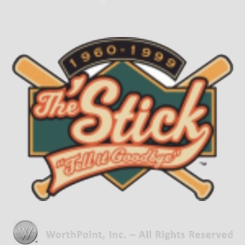 San Francisco Giants sport logo: 1960 - 1999 above The Stick Tell it Goodbye script; crossed baseball bats behind.