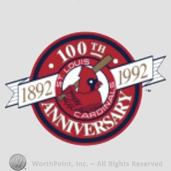 St. Louis Cardinals sport logo: a cardinal in a batting stance inside a circle; St. Louis Cardinals 1892 - 1992 100th Anniversary written on the edge.