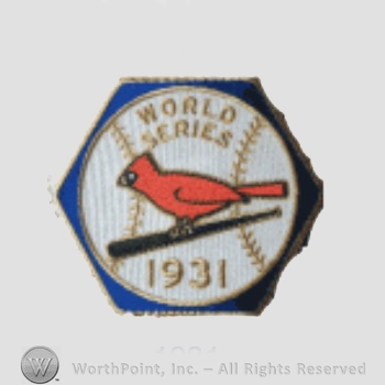 St. Louis Cardinals sport logo: cardinal on a bat with a baseball on a background; World Series written above and 1931 written below.