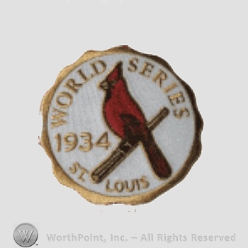 St. Louis Cardinals sport logo: cardinal on a baseball bat and 1934, all inside a circle; World Series St. Louis written on the edge.