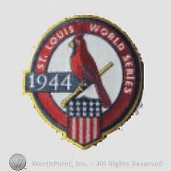 St. Louis Cardinals sport logo: cardinal on a baseball bat inside a circle; american flag below and St. Louis World Series written on the edge.