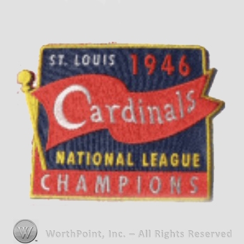 St. Louis Cardinals sport logo: St. Louis 1946 written above a pennant with Cardinals script; National League Champions written below.