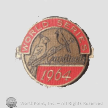 St. Louis Cardinals sport logo: two cardinals on a baseball bat inside a circle; World Series 1964  written on the edge.