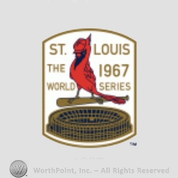 St. Louis Cardinals sport logo: cardinal on a baseball bat above a stadium; St. Louis The 1967 World Series written above.