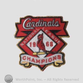 St. Louis Cardinals sport logo: Cardinals script above a diamond; a cardinal on a baseball bat and 1968 inside the diamond; Champions written below.
