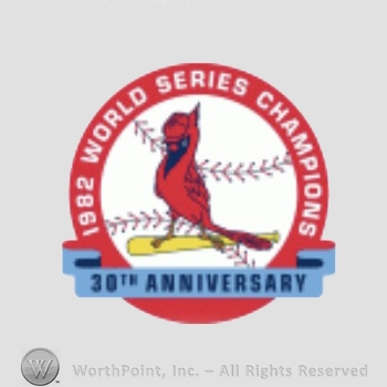 St. Louis Cardinals sport logo: cardinal on a baseball bat inside a circle; 1982 World Series Champions 30th Anniversary written on the edge.