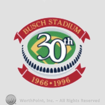St. Louis Cardinals sport logo: Busch Stadium above 30th 1966 - 1996, all around a stadium picture.