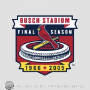 St. Louis Cardinals sport logo: Busch Stadium Final Season written above a stadium and a cardinal on a baseball bat.