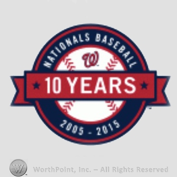Washington Nationals sport logo: Nationals Baseball 2005 - 2015 written around and 10 years written above.