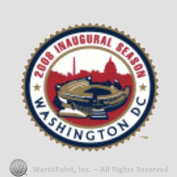 Washington Nationals sport logo: 2008 Inaugural Season Washington DC written in circle; a stadium inside the circle.