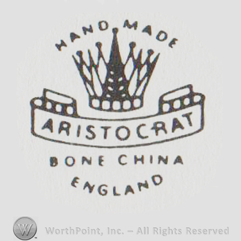 crown abova a banner with the word "aristocrat" and also the text HAND MADE BONE CHINA ENGLAND