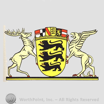 Heraldry: stag, griffin, three lions, shield and six symbols.