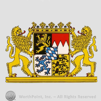 Heraldry: shield, two lions, small shield, crown, white pillars, two dragons and three black lions.