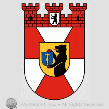 Heraldry: castle towers, shield, bear holding shield.