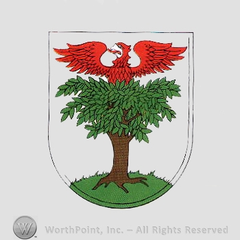 Heraldry: griffin, shield, tree.