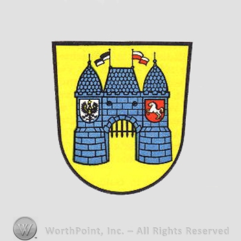 Heraldry: shield, castle, flags, gate, eagle and horse symbols.