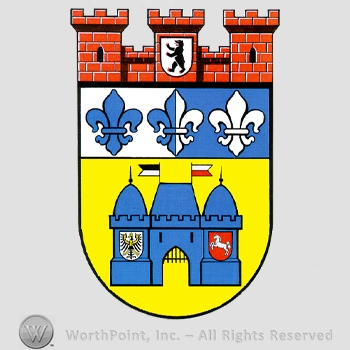 Heraldry: castle towers, castle, flags, fleur-de-lis, shield with a bear, eagle and horse symbols.