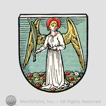 Heraldry: angel, shield, flowers.