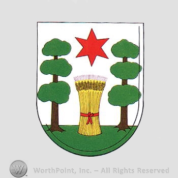 Heraldry: shield, bunch of wheat, red star, trees.