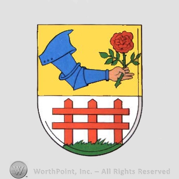 Heraldry: hand and a rose, wood fence, shield, grass.
