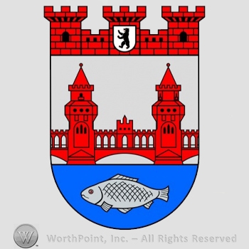 Heraldry: castle towers, bear and shield, castle with bridge, fish, shield.