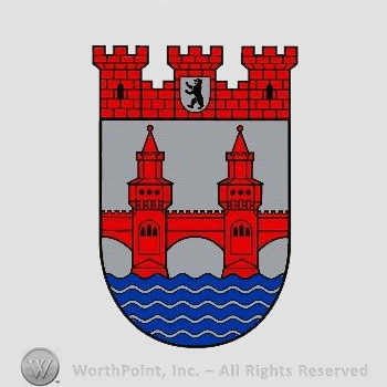 Heraldry: castle, bridge, water, towers, bear with shield, shield.