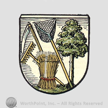 Heraldry: tree, wheat, scythe, shield, rake and a net with a wood stick.