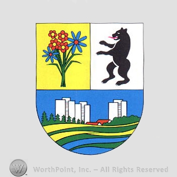 Heraldry: flowers, panther, trees, flats, shield, house and landscape.
