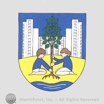 Heraldry: flats, shield, tree, children, water.