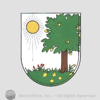 Heraldry: shield, sun, oak tree, flowers.
