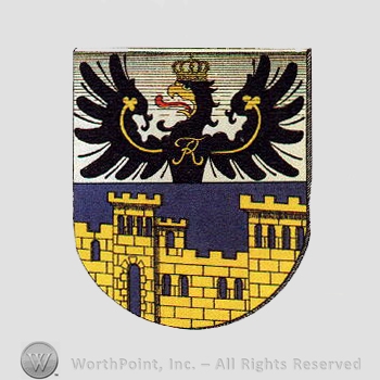 Heraldry: eagle, crown, castle walls, shield.