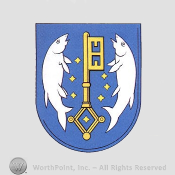 Heraldry: shield, key, two fishes.