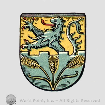 Heraldry: lion rampant, spice wheat, shield.