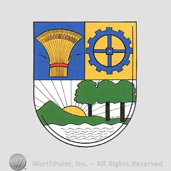 Heraldry: wheat, cow wheel, trees, sun, mountain, water.