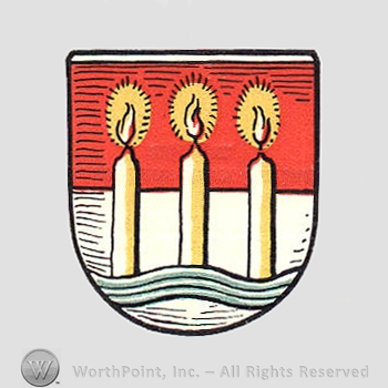 Heraldry: shield, lighted candles, wavin lines.