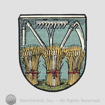 Heraldry: shield, scythe, rake, wheat, wood stick.
